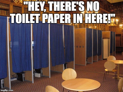 "HEY, THERE'S NO TOILET PAPER IN HERE!" | image tagged in voting | made w/ Imgflip meme maker