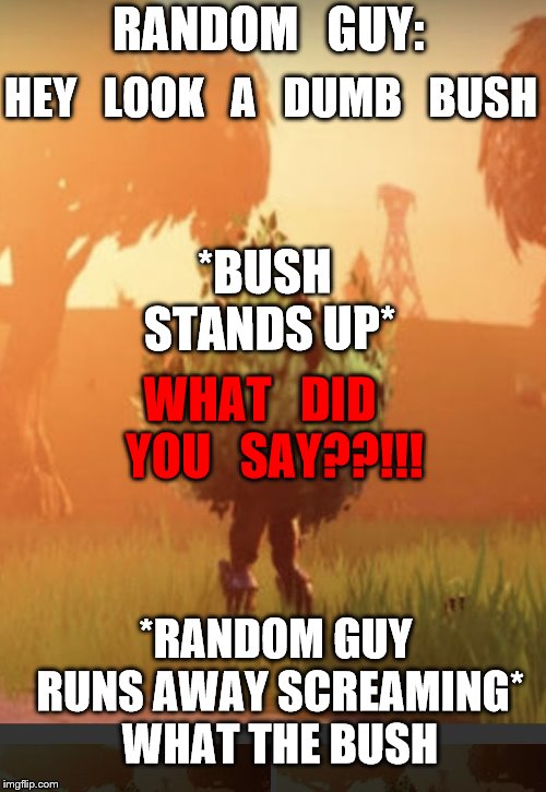 Fortnite bush | RANDOM   GUY:; HEY   LOOK   A   DUMB   BUSH; *BUSH STANDS UP*; WHAT   DID   YOU   SAY??!!! *RANDOM GUY RUNS AWAY SCREAMING* WHAT THE BUSH | image tagged in fortnite bush | made w/ Imgflip meme maker