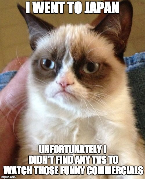 bad luck cat | I WENT TO JAPAN; UNFORTUNATELY I DIDN'T FIND ANY TVS TO WATCH THOSE FUNNY COMMERCIALS | image tagged in memes,grumpy cat,japan,commercial | made w/ Imgflip meme maker