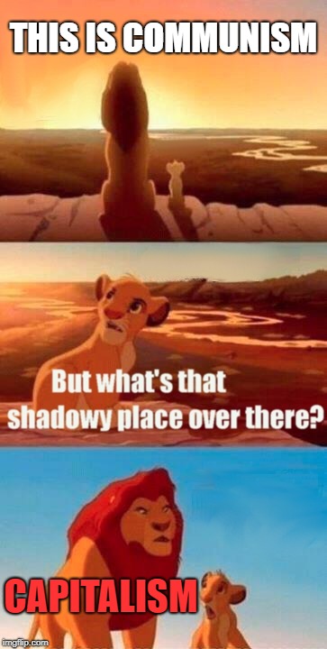 This is communism | THIS IS COMMUNISM; CAPITALISM | image tagged in memes,simba shadowy place | made w/ Imgflip meme maker