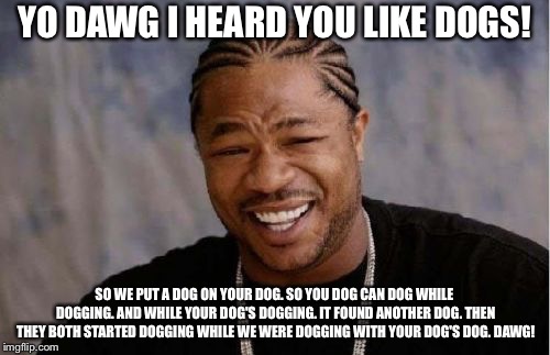 Yo Dawg Heard You Meme | YO DAWG I HEARD YOU LIKE DOGS! SO WE PUT A DOG ON YOUR DOG. SO YOU DOG CAN DOG WHILE DOGGING. AND WHILE YOUR DOG'S DOGGING. IT FOUND ANOTHER DOG. THEN THEY BOTH STARTED DOGGING WHILE WE WERE DOGGING WITH YOUR DOG'S DOG. DAWG! | image tagged in memes,yo dawg heard you | made w/ Imgflip meme maker