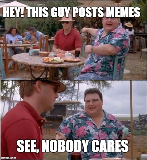 See Nobody Cares | HEY! THIS GUY POSTS MEMES; SEE, NOBODY CARES | image tagged in memes,see nobody cares | made w/ Imgflip meme maker