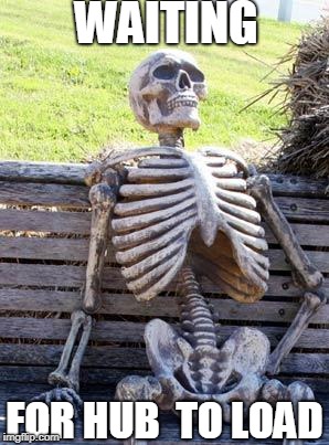 Hub | WAITING; FOR HUB  TO LOAD | image tagged in memes,waiting skeleton | made w/ Imgflip meme maker