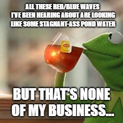 Kermit tea | ALL THESE RED/BLUE WAVES I'VE BEEN HEARING ABOUT ARE LOOKING LIKE SOME STAGNANT-ASS POND WATER; BUT THAT'S NONE OF MY BUSINESS... | image tagged in kermit tea | made w/ Imgflip meme maker