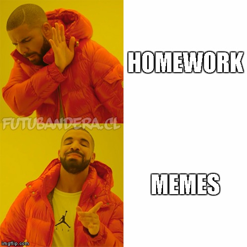 Drake Hotline Bling Meme | HOMEWORK; MEMES | image tagged in drake | made w/ Imgflip meme maker