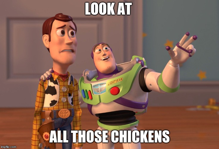 X, X Everywhere | LOOK AT; ALL THOSE CHICKENS | image tagged in memes,x x everywhere | made w/ Imgflip meme maker
