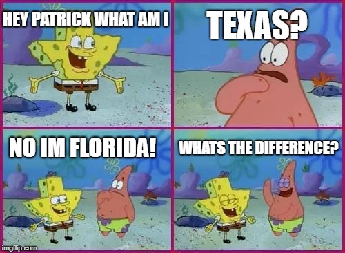Texas Spongebob | TEXAS? HEY PATRICK WHAT AM I; NO IM FLORIDA! WHATS THE DIFFERENCE? | image tagged in texas spongebob | made w/ Imgflip meme maker