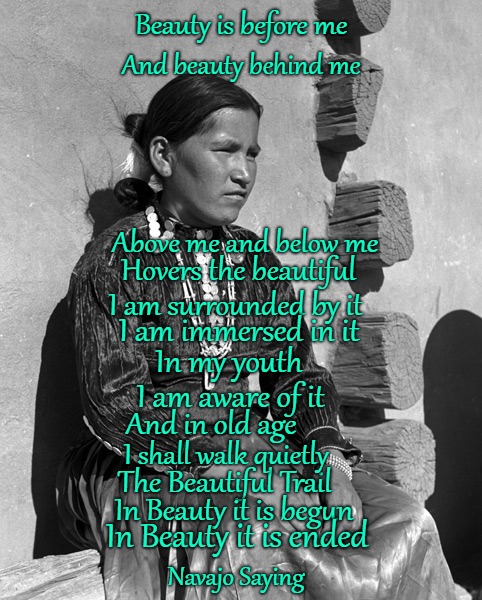 Navajo Saying Beauty is Before Me | Beauty is before me; And beauty behind me; Above me and below me; Hovers the beautiful; I am surrounded by it; I am immersed in it; In my youth; I am aware of it; And in old age; I shall walk quietly; The Beautiful Trail; In Beauty it is begun; In Beauty it is ended; Navajo Saying | image tagged in native american,native americans,indians,indian chief,indian chiefs,tribe | made w/ Imgflip meme maker