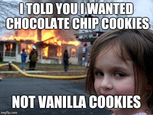 Disaster Girl Meme | I TOLD YOU I WANTED CHOCOLATE CHIP COOKIES; NOT VANILLA COOKIES | image tagged in memes,disaster girl | made w/ Imgflip meme maker