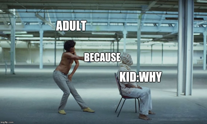 This is America | ADULT; KID:WHY; BECAUSE | image tagged in this is america | made w/ Imgflip meme maker