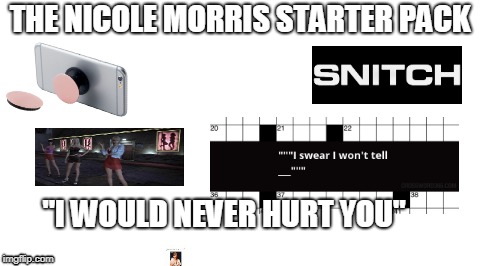 Starter Pack | THE NICOLE MORRIS STARTER PACK; "I WOULD NEVER HURT YOU" | image tagged in starter pack | made w/ Imgflip meme maker