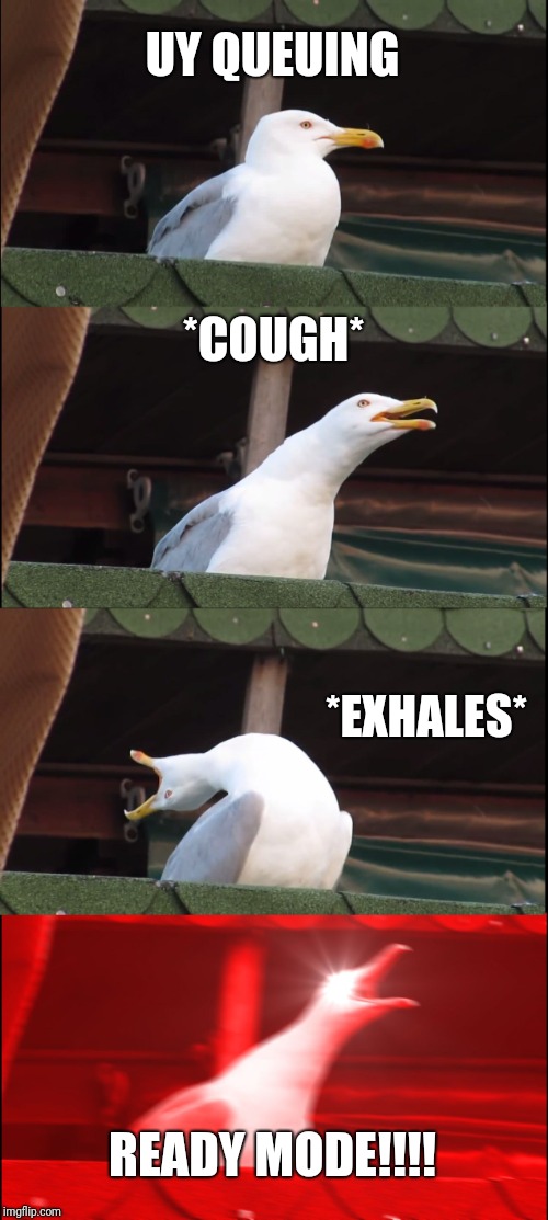 Inhaling Seagull | UY QUEUING; *COUGH*; *EXHALES*; READY MODE!!!! | image tagged in memes,inhaling seagull | made w/ Imgflip meme maker