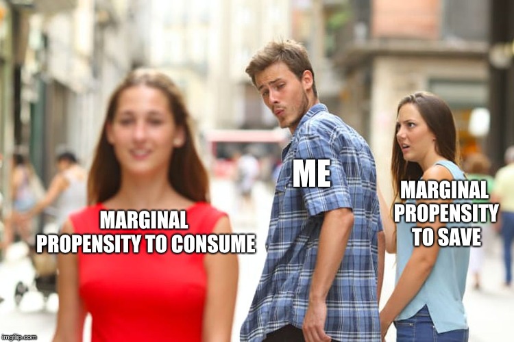 Distracted Boyfriend Meme | ME; MARGINAL PROPENSITY TO SAVE; MARGINAL PROPENSITY TO CONSUME | image tagged in memes,distracted boyfriend | made w/ Imgflip meme maker