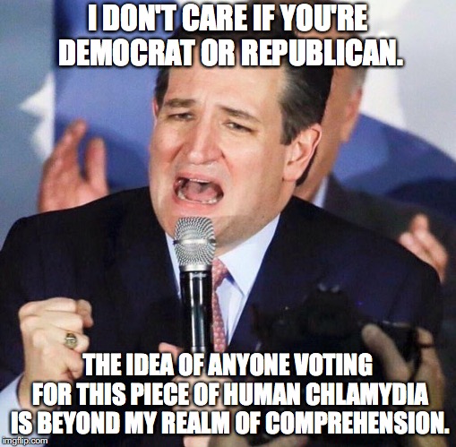 Ted Cruz Singing | I DON'T CARE IF YOU'RE DEMOCRAT OR REPUBLICAN. THE IDEA OF ANYONE VOTING FOR THIS PIECE OF HUMAN CHLAMYDIA IS BEYOND MY REALM OF COMPREHENSI | image tagged in ted cruz singing | made w/ Imgflip meme maker