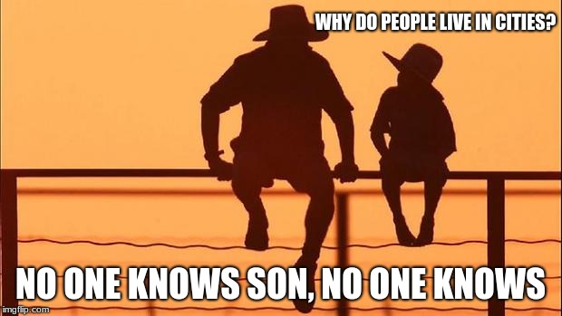 Cowboy wisdom, why do people live in cities? | WHY DO PEOPLE LIVE IN CITIES? NO ONE KNOWS SON, NO ONE KNOWS | image tagged in cowboy father and son,country life,cowboy wisdom,city life | made w/ Imgflip meme maker