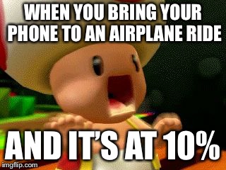 WHEN YOU BRING YOUR PHONE TO AN AIRPLANE RIDE; AND IT’S AT 10% | image tagged in screaming toad | made w/ Imgflip meme maker