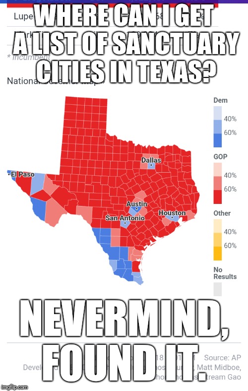 List of sanctuary cities in Texas  | WHERE CAN I GET A LIST OF SANCTUARY CITIES IN TEXAS? NEVERMIND, FOUND IT. | image tagged in sanctuary cities,texas | made w/ Imgflip meme maker
