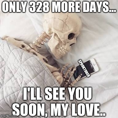 Skeleton | ONLY 328 MORE DAYS... SPOOKTOBER; I'LL SEE YOU SOON, MY LOVE.. | image tagged in skeleton | made w/ Imgflip meme maker