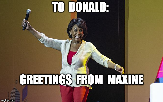 Greetings  from Maxine | TO  DONALD:; GREETINGS  FROM  MAXINE | image tagged in maxine waters,donald trump | made w/ Imgflip meme maker