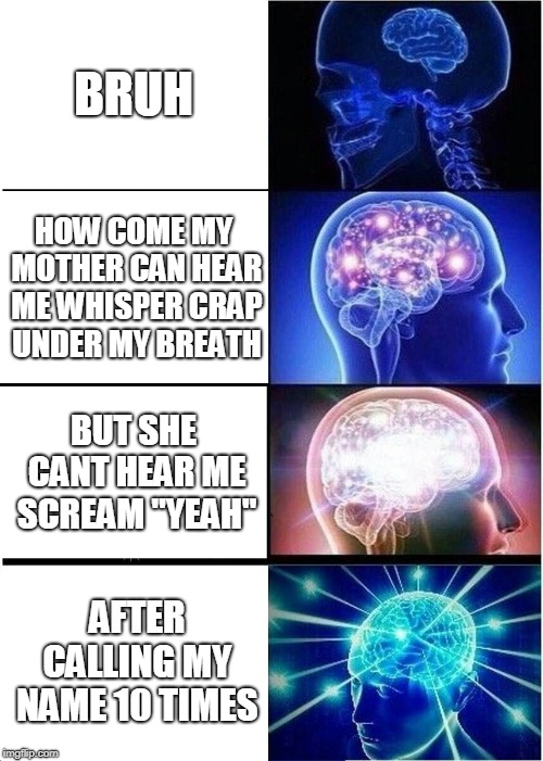 Expanding Brain | BRUH; HOW COME MY MOTHER CAN HEAR ME WHISPER CRAP UNDER MY BREATH; BUT SHE CANT HEAR ME SCREAM "YEAH"; AFTER CALLING MY NAME 10 TIMES | image tagged in memes,expanding brain | made w/ Imgflip meme maker