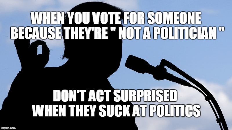 WHEN YOU VOTE FOR SOMEONE BECAUSE THEY'RE " NOT A POLITICIAN "; DON'T ACT SURPRISED WHEN THEY SUCK AT POLITICS | image tagged in politicians | made w/ Imgflip meme maker
