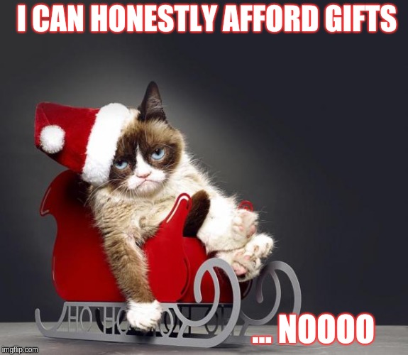 Grumpy Cat Christmas HD | I CAN HONESTLY AFFORD GIFTS; ... NOOOO | image tagged in grumpy cat christmas hd | made w/ Imgflip meme maker