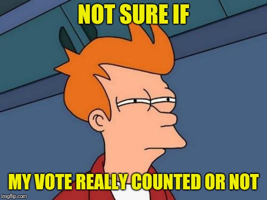 Futurama Fry | NOT SURE IF; MY VOTE REALLY COUNTED OR NOT | image tagged in memes,futurama fry | made w/ Imgflip meme maker