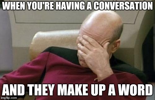 Captain Picard Facepalm Meme |  WHEN YOU'RE HAVING A CONVERSATION; AND THEY MAKE UP A WORD | image tagged in memes,captain picard facepalm | made w/ Imgflip meme maker