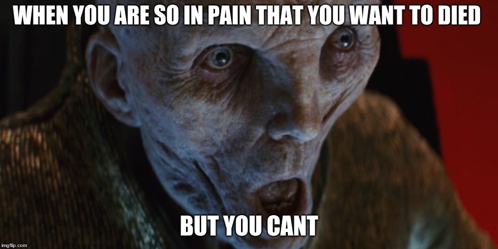 Snoke Meme | WHEN YOU ARE SO IN PAIN THAT YOU WANT TO DIED; BUT YOU CANT | image tagged in snoke,starwars | made w/ Imgflip meme maker