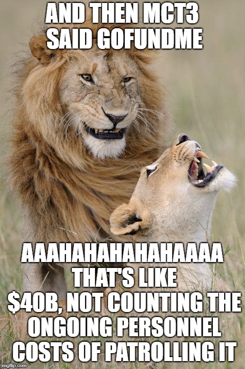 lion joke | AND THEN MCT3 SAID GOFUNDME AAAHAHAHAHAHAAAA THAT'S LIKE $40B, NOT COUNTING THE ONGOING PERSONNEL COSTS OF PATROLLING IT | image tagged in lion joke | made w/ Imgflip meme maker