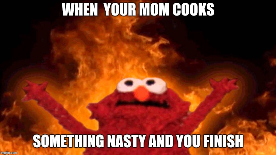 Elmo on fire | WHEN  YOUR MOM COOKS; SOMETHING NASTY AND YOU FINISH | image tagged in elmo on fire | made w/ Imgflip meme maker