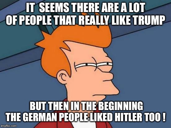 Futurama Fry | IT  SEEMS THERE ARE A LOT OF PEOPLE THAT REALLY LIKE TRUMP; BUT THEN IN THE BEGINNING THE GERMAN PEOPLE LIKED HITLER TOO ! | image tagged in memes,futurama fry | made w/ Imgflip meme maker