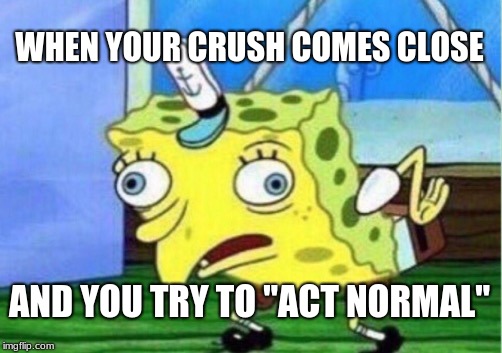 Mocking Spongebob | WHEN YOUR CRUSH COMES CLOSE; AND YOU TRY TO "ACT NORMAL" | image tagged in memes,mocking spongebob | made w/ Imgflip meme maker