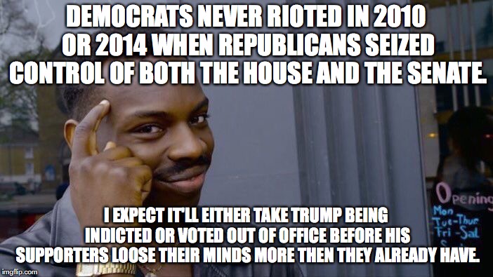 Roll Safe Think About It Meme | DEMOCRATS NEVER RIOTED IN 2010 OR 2014 WHEN REPUBLICANS SEIZED CONTROL OF BOTH THE HOUSE AND THE SENATE. I EXPECT IT'LL EITHER TAKE TRUMP BE | image tagged in memes,roll safe think about it | made w/ Imgflip meme maker