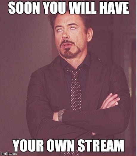 Face You Make Robert Downey Jr Meme | SOON YOU WILL HAVE YOUR OWN STREAM | image tagged in memes,face you make robert downey jr | made w/ Imgflip meme maker