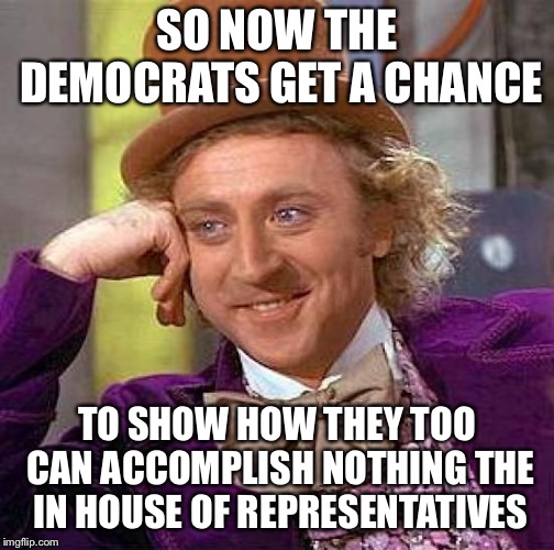 Creepy Condescending Wonka Meme | SO NOW THE DEMOCRATS GET A CHANCE; TO SHOW HOW THEY TOO CAN ACCOMPLISH NOTHING THE IN HOUSE OF REPRESENTATIVES | image tagged in memes,creepy condescending wonka | made w/ Imgflip meme maker