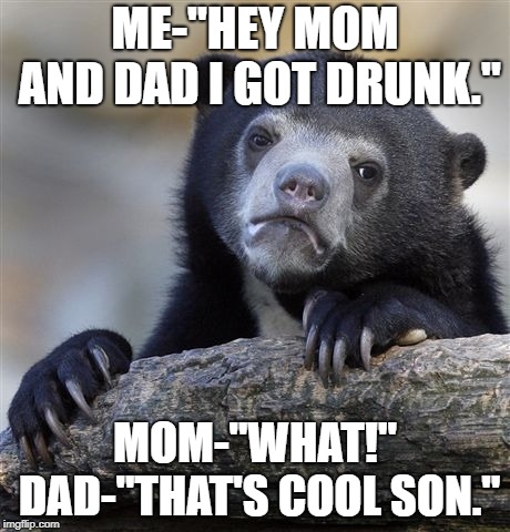 Confession Bear Meme | ME-"HEY MOM AND DAD I GOT DRUNK."; MOM-"WHAT!" DAD-"THAT'S COOL SON." | image tagged in memes,confession bear | made w/ Imgflip meme maker