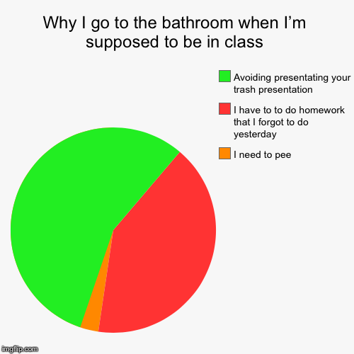 Why I go to the bathroom when I’m supposed to be in class | I need to pee, I have to to do homework that I forgot to do yesterday, Avoiding  | image tagged in funny,pie charts | made w/ Imgflip chart maker