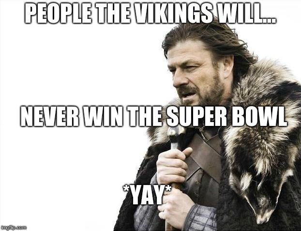 Brace Yourselves X is Coming Meme | PEOPLE THE VIKINGS WILL... NEVER WIN THE SUPER BOWL; *YAY* | image tagged in memes,brace yourselves x is coming | made w/ Imgflip meme maker