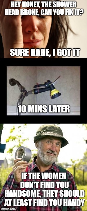 Handyman Corner | HEY HONEY, THE SHOWER HEAD BROKE, CAN YOU FIX IT? SURE BABE, I GOT IT; 10 MINS LATER; IF THE WOMEN DON'T FIND YOU HANDSOME, THEY SHOULD AT LEAST FIND YOU HANDY | image tagged in red green,there i fixed it | made w/ Imgflip meme maker