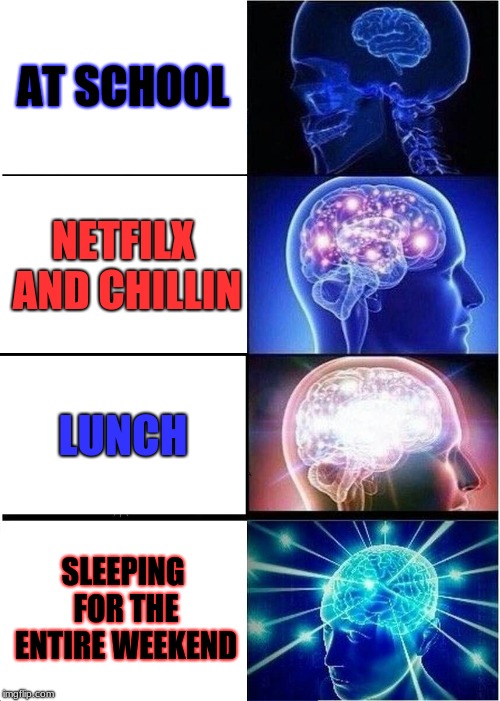 Expanding Brain | AT SCHOOL; NETFILX AND CHILLIN; LUNCH; SLEEPING FOR THE ENTIRE WEEKEND | image tagged in memes,expanding brain | made w/ Imgflip meme maker