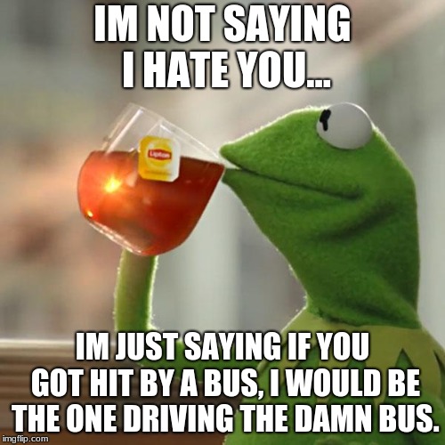 But That's None Of My Business Meme | IM NOT SAYING I HATE YOU... IM JUST SAYING IF YOU GOT HIT BY A BUS, I WOULD BE THE ONE DRIVING THE DAMN BUS. | image tagged in memes,but thats none of my business,kermit the frog | made w/ Imgflip meme maker