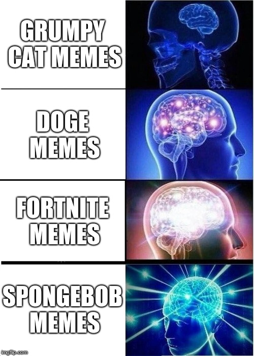 Memes | GRUMPY CAT MEMES; DOGE MEMES; FORTNITE MEMES; SPONGEBOB MEMES | image tagged in memes,expanding brain | made w/ Imgflip meme maker