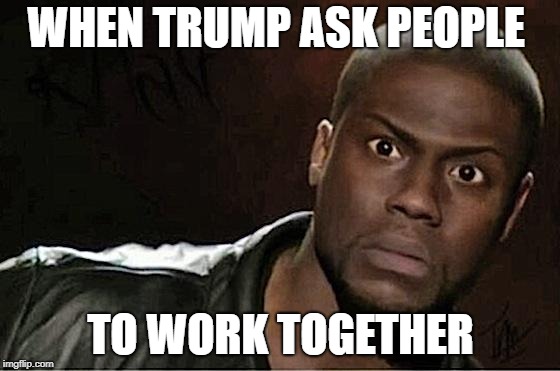 Kevin Hart Meme | WHEN TRUMP ASK PEOPLE; TO WORK TOGETHER | image tagged in memes,kevin hart | made w/ Imgflip meme maker