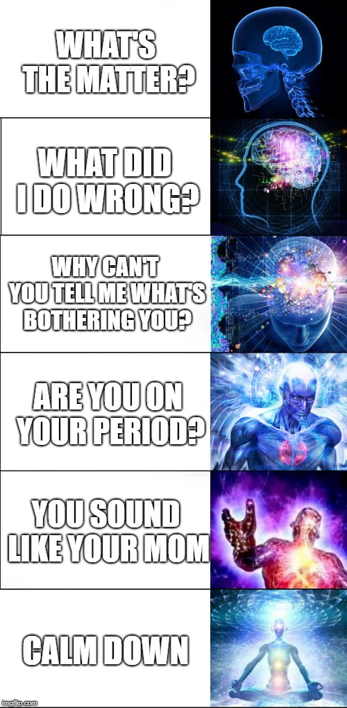 Expanding brain | WHAT'S THE MATTER? WHAT DID I DO WRONG? WHY CAN'T YOU TELL ME WHAT'S BOTHERING YOU? ARE YOU ON YOUR PERIOD? YOU SOUND LIKE YOUR MOM; CALM DOWN | image tagged in expanding brain | made w/ Imgflip meme maker