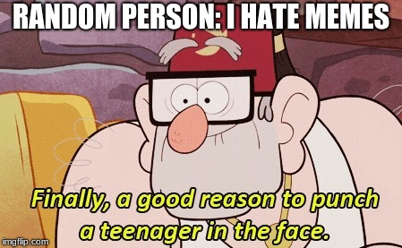 gravity falls | RANDOM PERSON: I HATE MEMES | image tagged in gravity falls | made w/ Imgflip meme maker