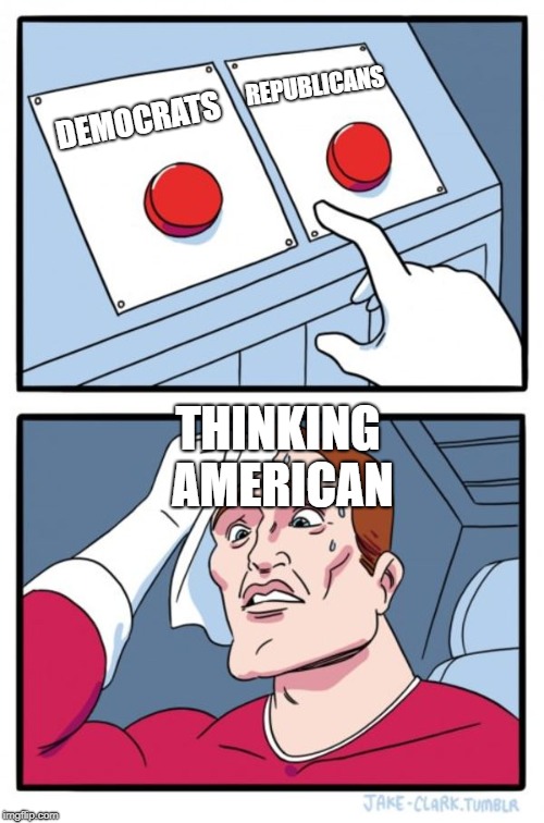 Two Buttons Meme | DEMOCRATS REPUBLICANS THINKING AMERICAN | image tagged in memes,two buttons | made w/ Imgflip meme maker