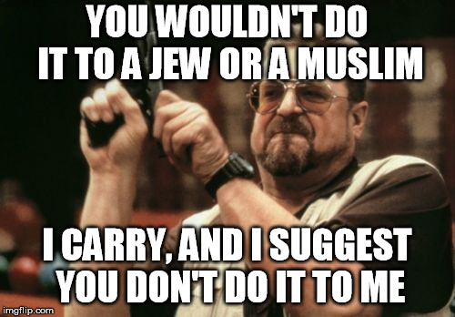 Am I The Only One Around Here Meme | YOU WOULDN'T DO IT TO A JEW OR A MUSLIM I CARRY, AND I SUGGEST YOU DON'T DO IT TO ME | image tagged in memes,am i the only one around here | made w/ Imgflip meme maker