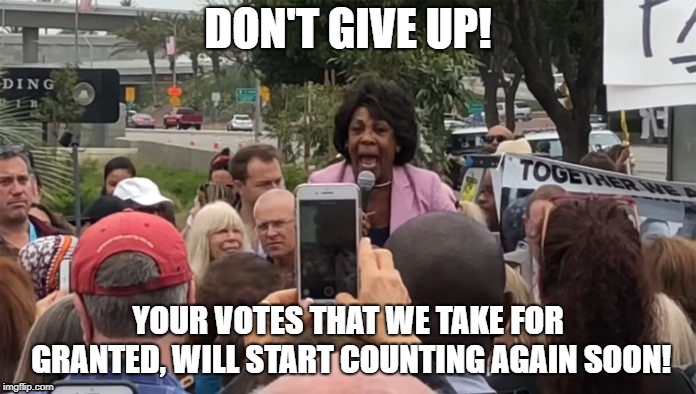 Maxine | DON'T GIVE UP! YOUR VOTES THAT WE TAKE FOR GRANTED, WILL START COUNTING AGAIN SOON! | image tagged in maxine | made w/ Imgflip meme maker
