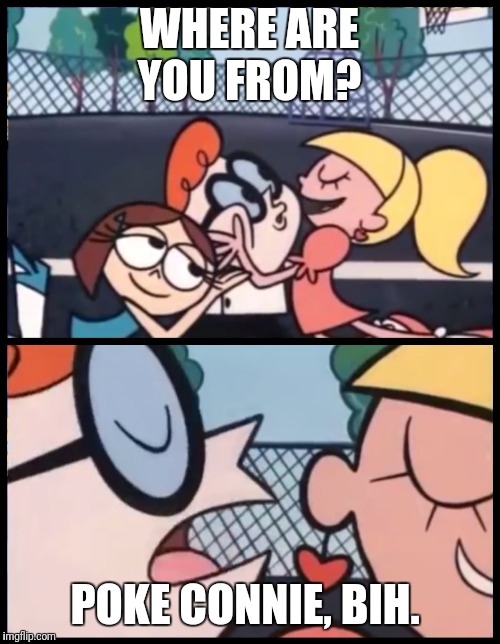 Say it Again, Dexter Meme | WHERE ARE YOU FROM? POKE CONNIE, BIH. | image tagged in say it again dexter | made w/ Imgflip meme maker